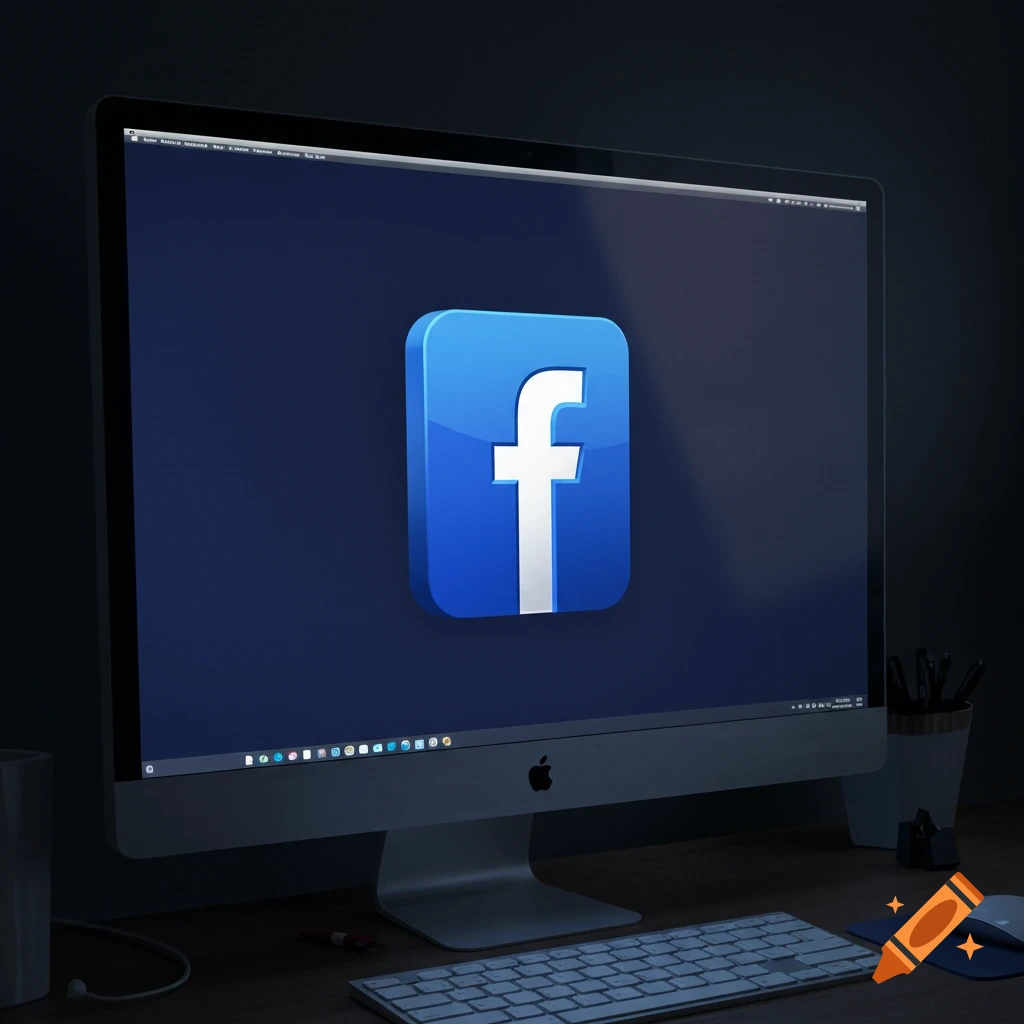 The Facebook logo displayed on an iMac computer screen.