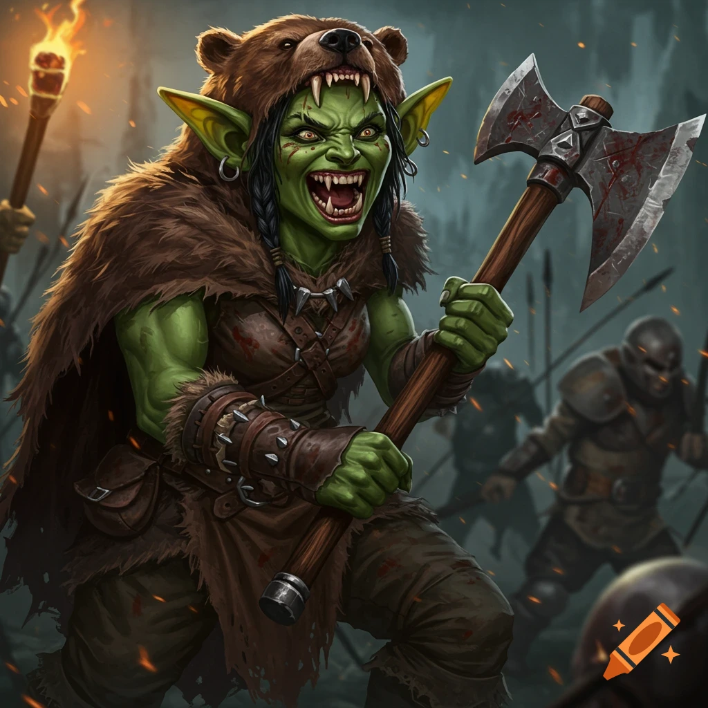 Female goblin barbarian with bear skin cloak and axe in a battle.