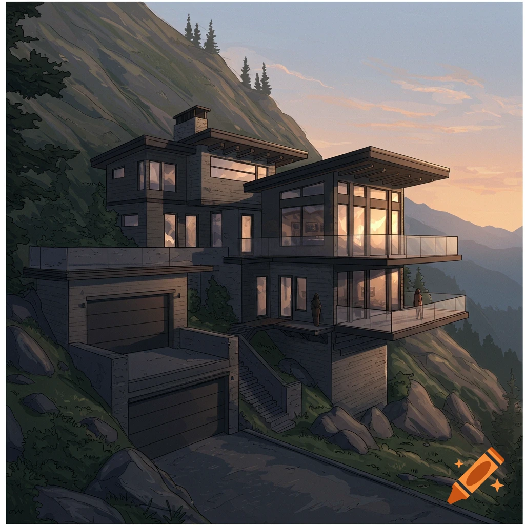A modern house built into the side of a steep, tree-covered mountain at sunset.