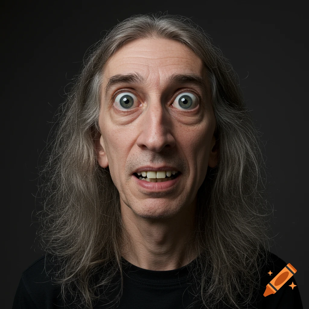 Close-up photo portrait of a man with large eyes, long gray hair, and an exaggerated expression with an open mouth.