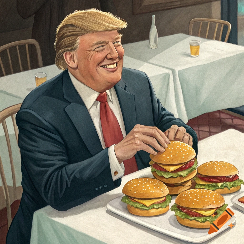 Illustration of Donald Trump smiling at a table with multiple hamburgers.