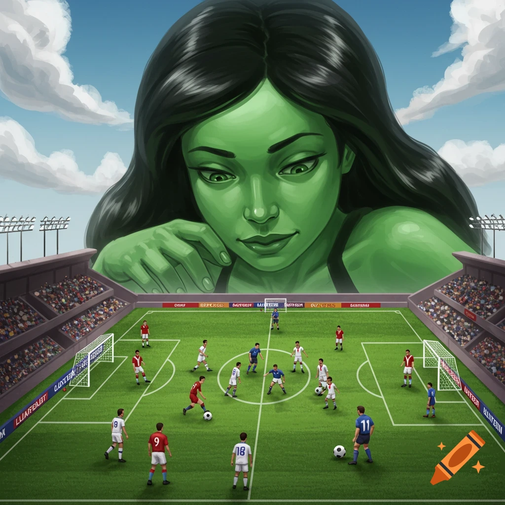A giant green woman looks down at a tiny soccer match being played in a stadium.