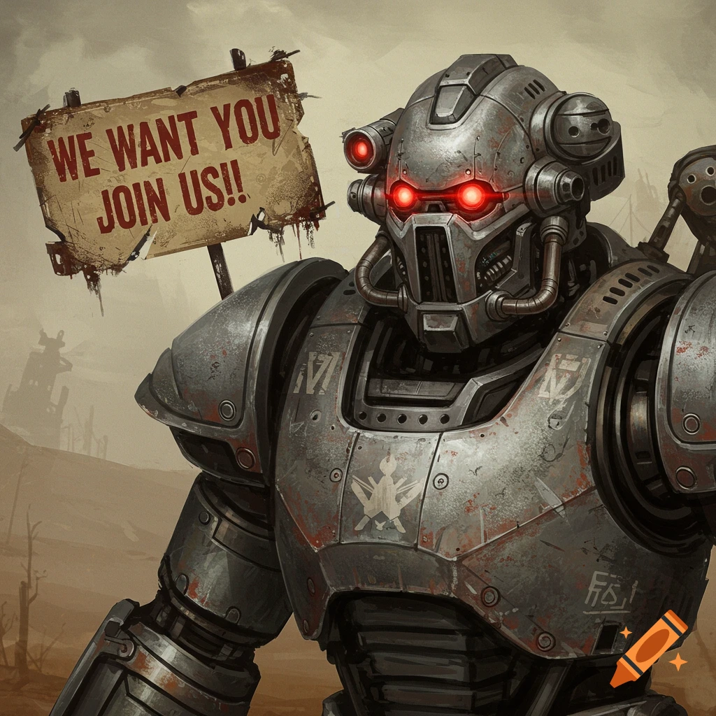 A heavily armored robot in a wasteland holding a sign that reads "WE WANT YOU JOIN US!!"
