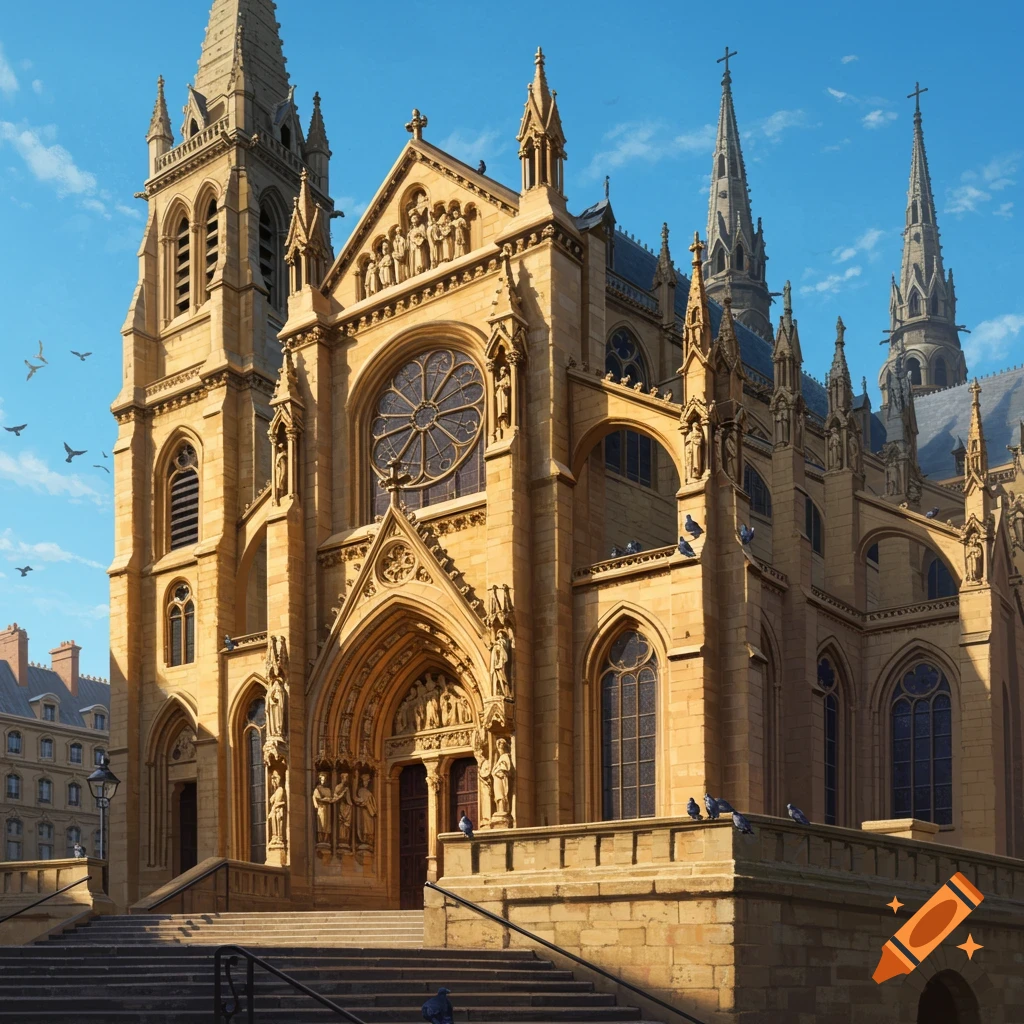 A large stone church with spires and steps under a blue sky.