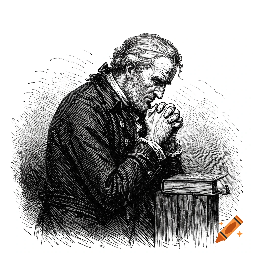 Black ink illustration of a man from the 1700s with hands clasped in prayer, head bowed over a book.