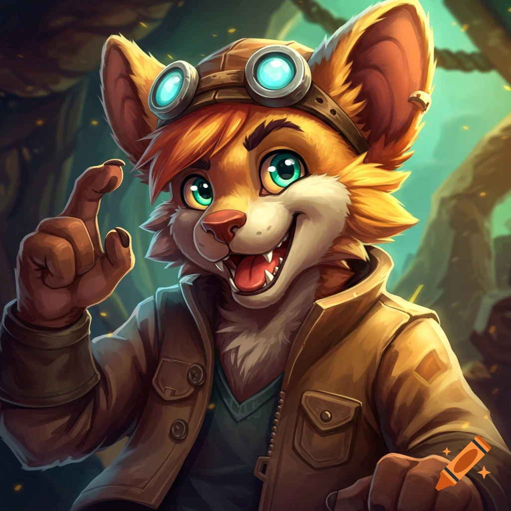 A furry fox character wearing goggles and a jacket, pointing.