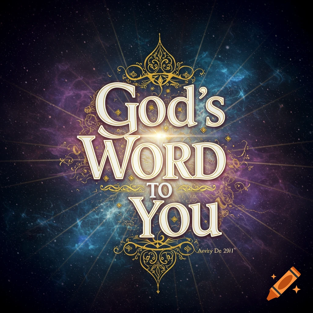 Text reads "God's WORD TO YOU" in ornate font on a starry, colorful space background with golden decorative elements.