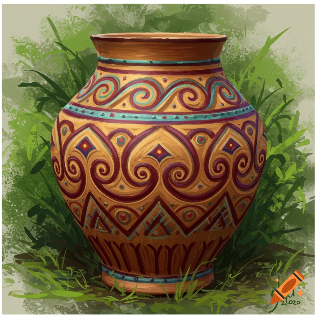 A highly decorated ceramic vase sits in the grass.