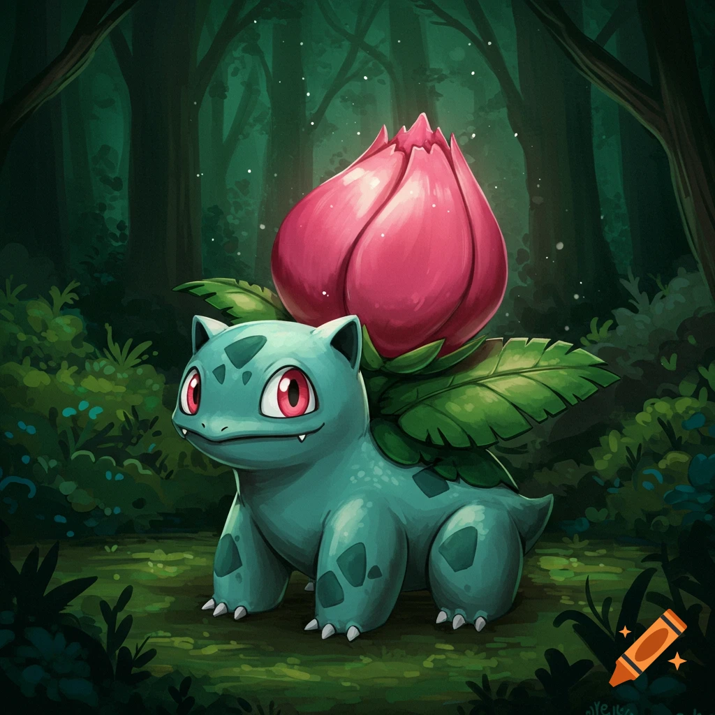 Ivysaur in a dark forest.
