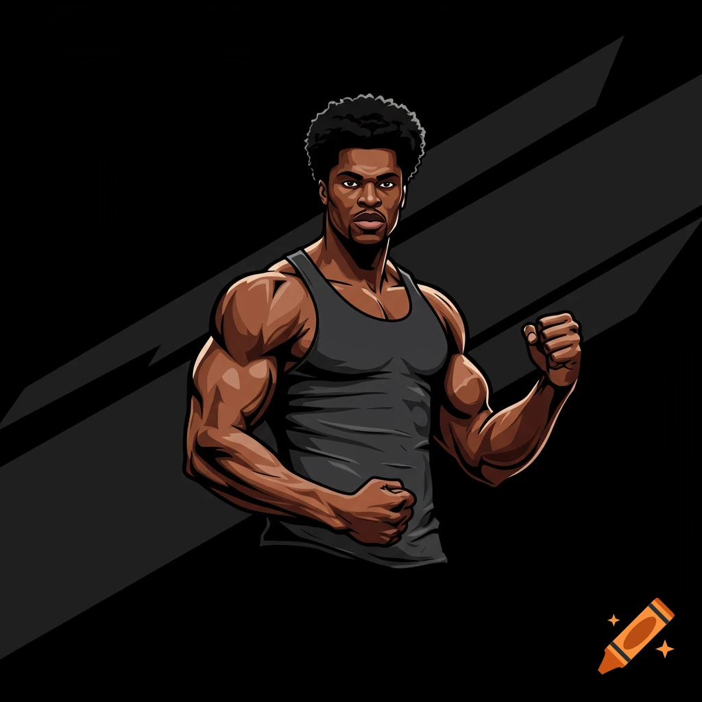 A muscular black man in a tank top flexes his bicep in a vector art style.