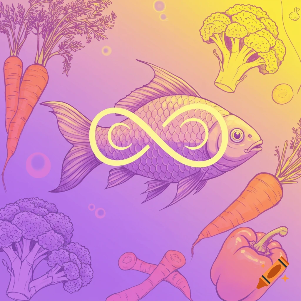 A fish with an infinity symbol is surrounded by vegetables in lavender and yellow tones.