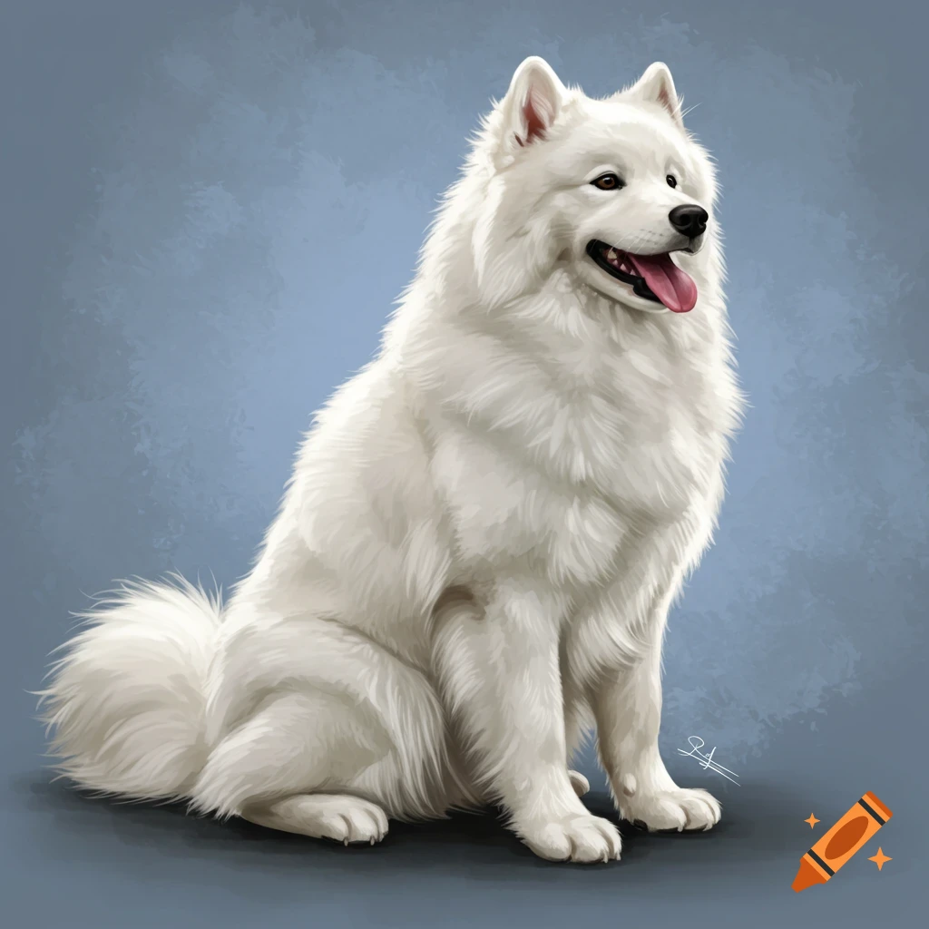 A white Samoyed dog sitting.