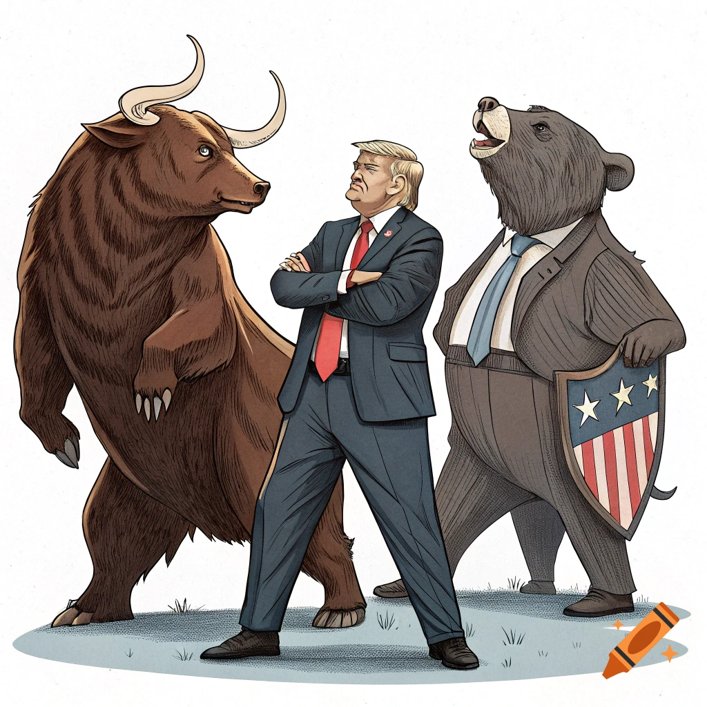 Political cartoon of Donald Trump between a bull and a bear in suits