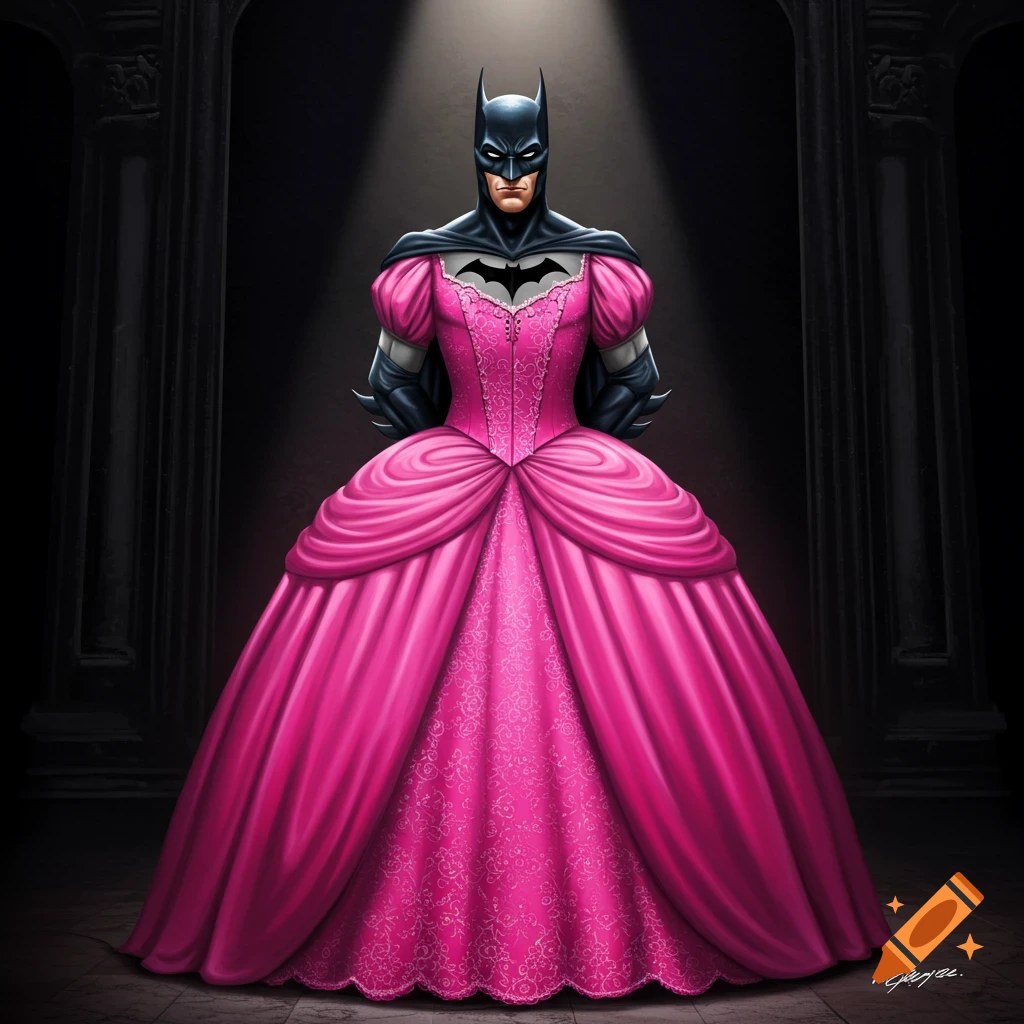 Batman in a pink ball gown stands in a grand hall under a spotlight.