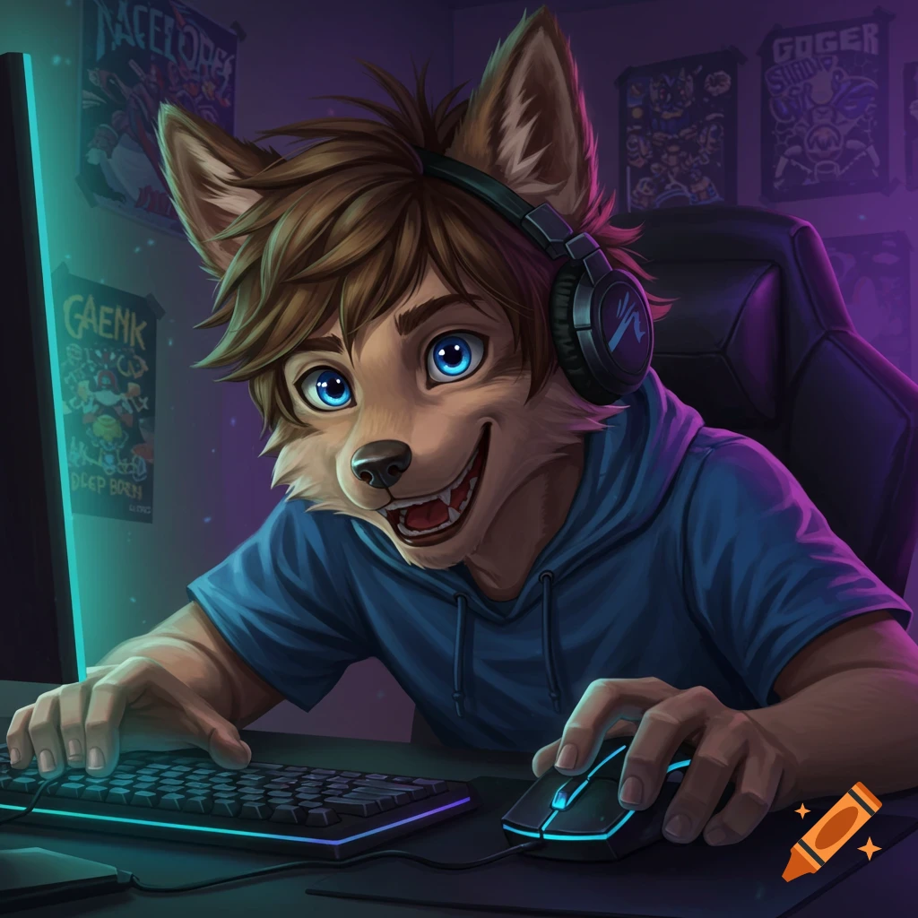 A furry wolf boy wearing headphones plays video games at a computer desk.
