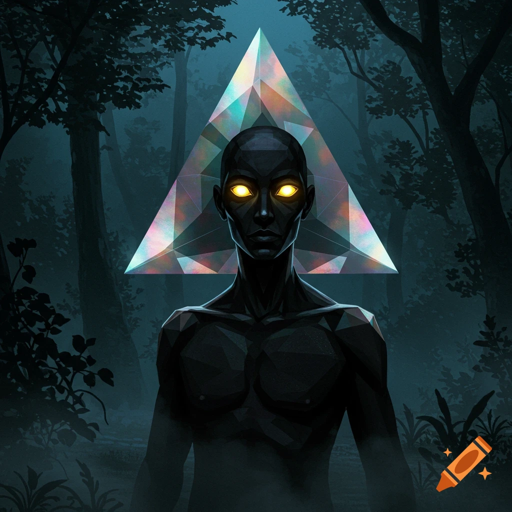 A dark, stylized figure with glowing eyes stands in a forest with a glowing geometric triangle above its head.