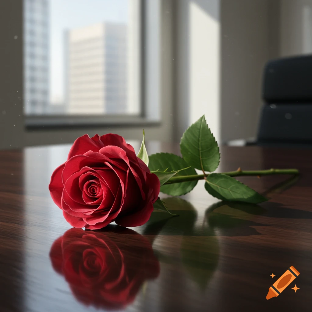 A single red rose lies on a sleek, reflective wooden office desk with a blurred background of an office and a window.