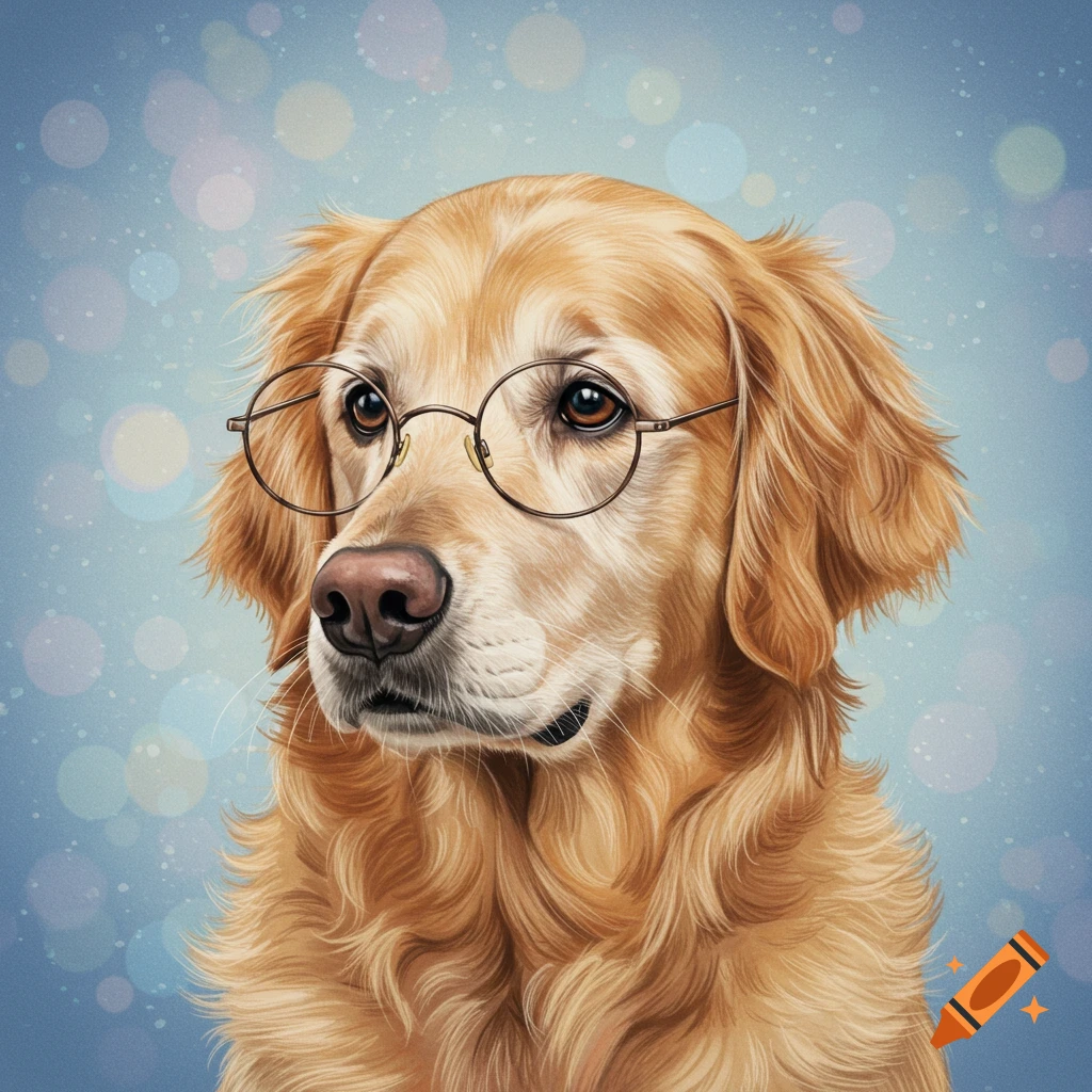 A golden retriever wearing round glasses against a blue bokeh background.