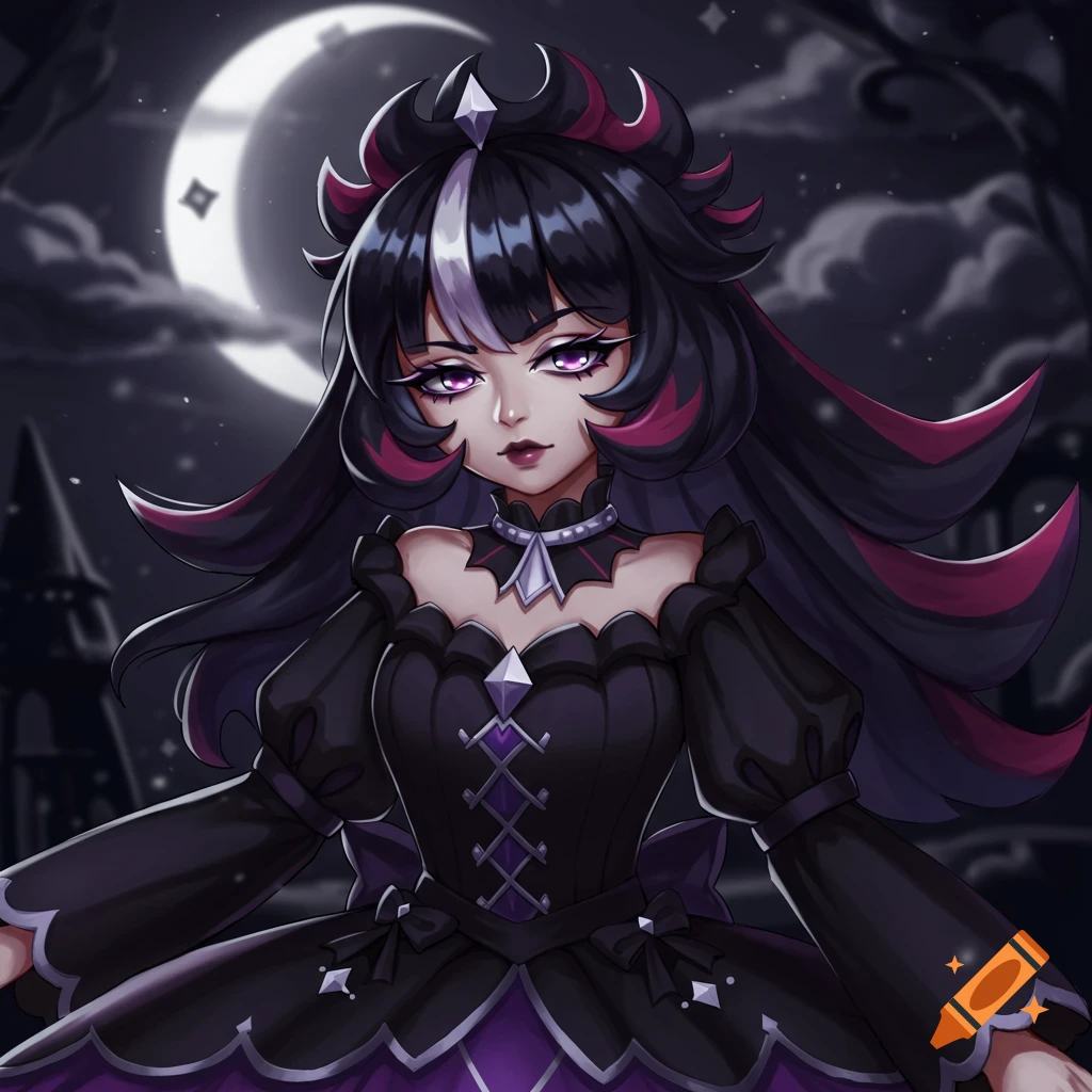 Anime character with purple eyes and black/pink hair in a gothic dress under a crescent moon