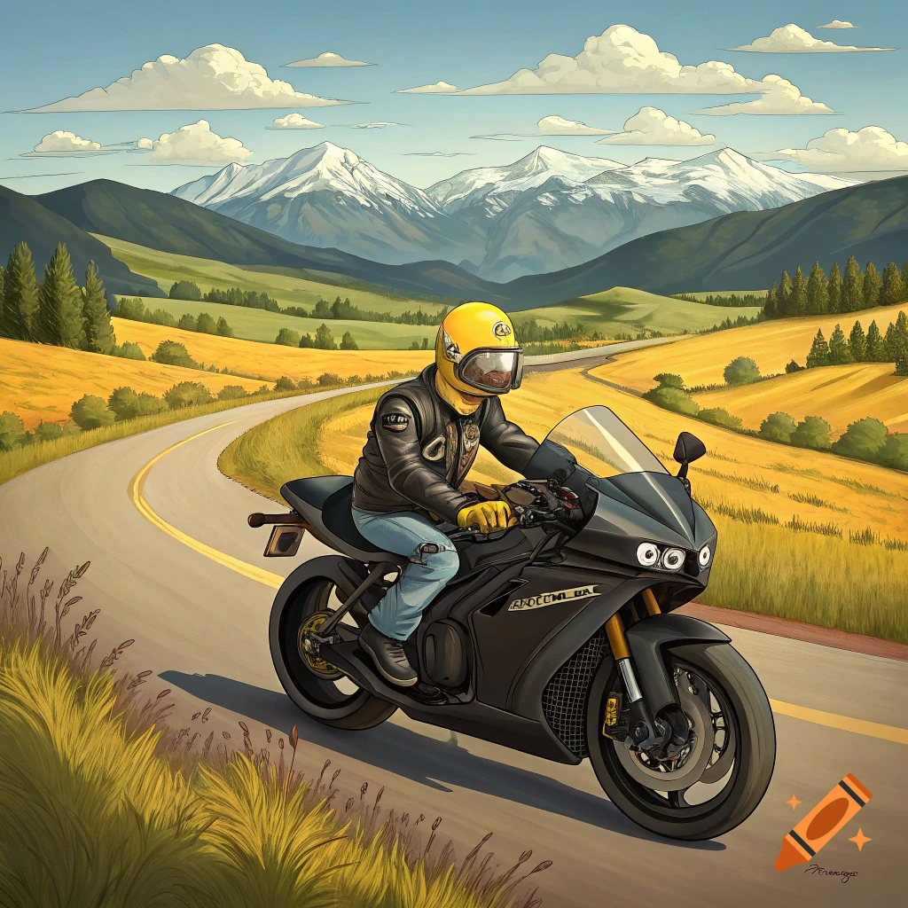 Illustration of a person riding a black sport bike on a road winding through golden fields with mountains in the background.