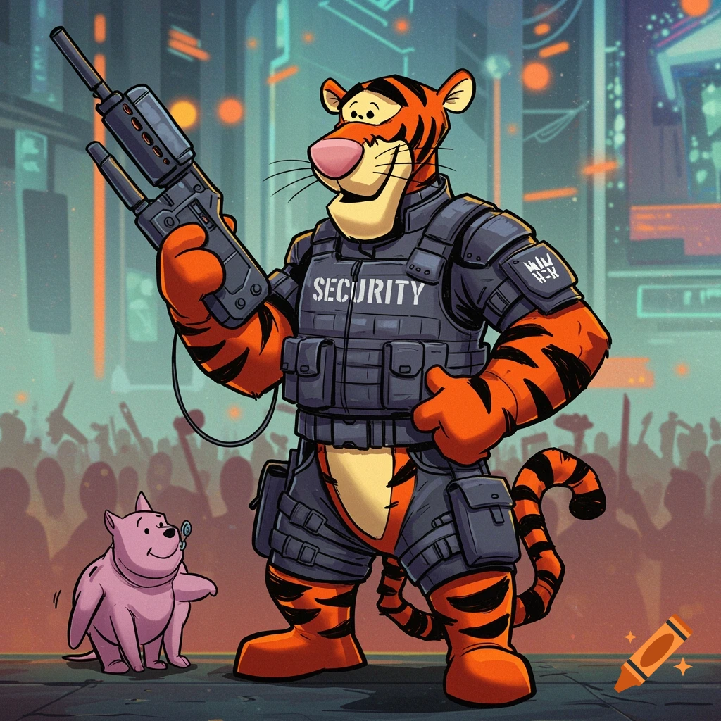 Tigger as a bodyguard holds a device next to Piglet in a futuristic city, comic art style.