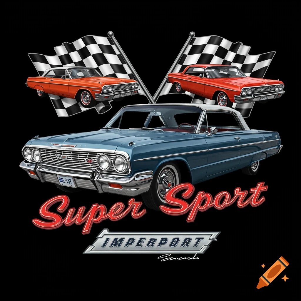 Digital illustration of blue and orange classic cars with checkered flags and Super Sport logo.