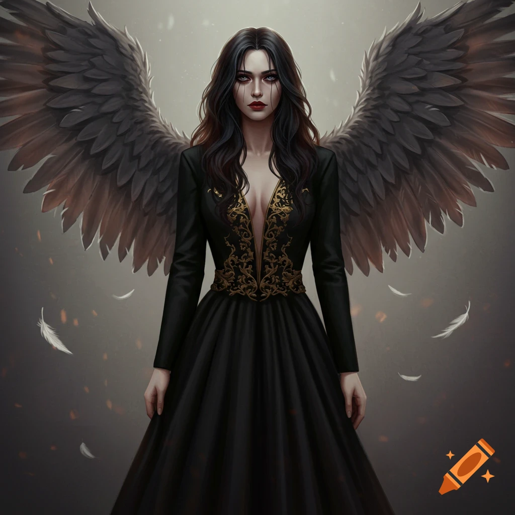 A female fallen angel with dark wings in a black formal dress.