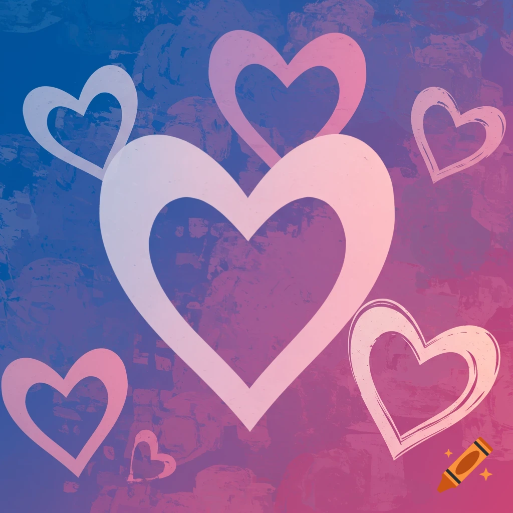 Multiple white and pink hearts on a blue to pink gradient background.