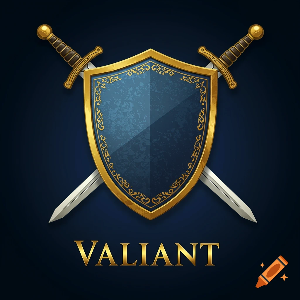 A blue and gold shield with crossed swords behind it and the word VALIANT below.