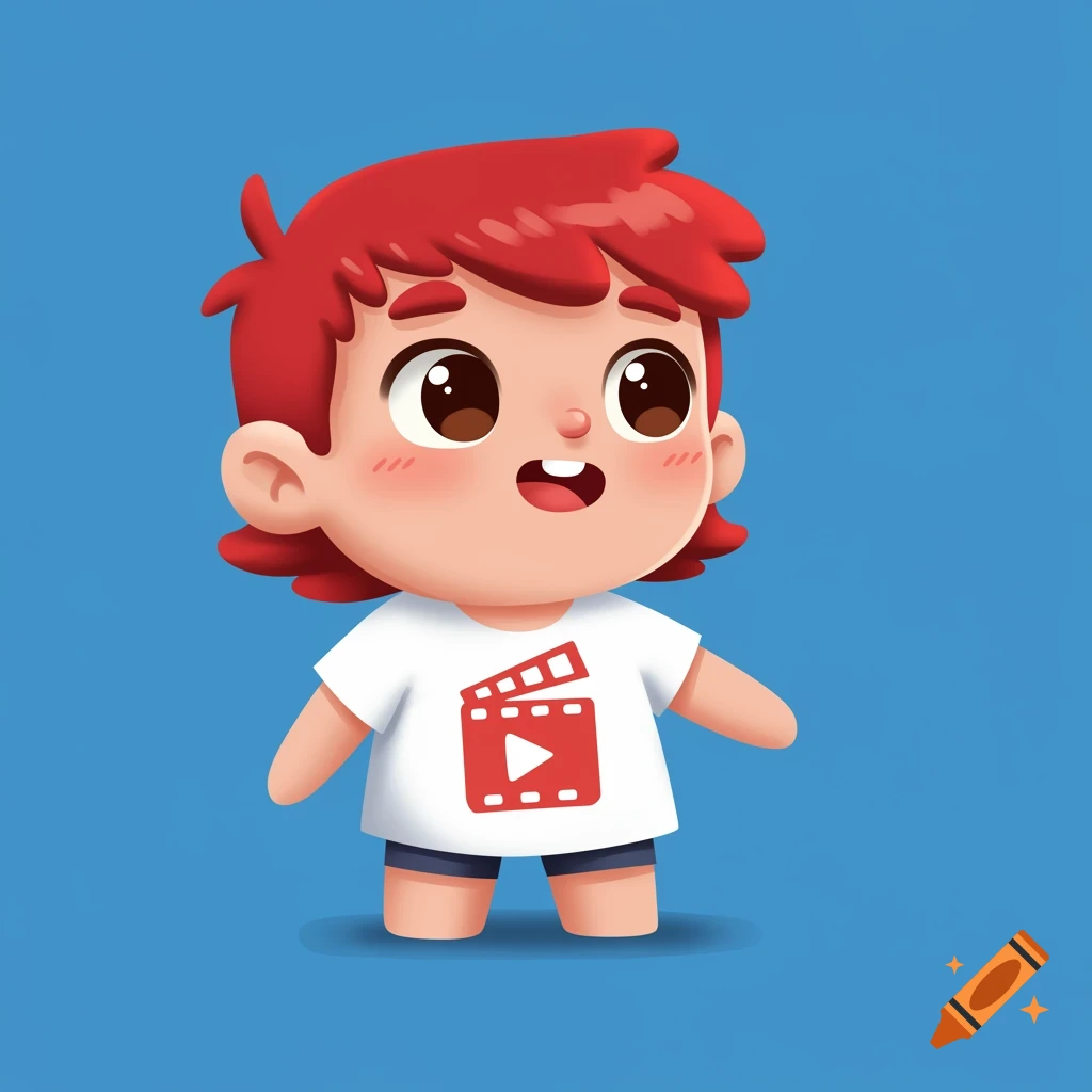 Cute cartoon child character with red hair, wearing a white shirt with a red movie clapperboard logo, on a blue background. Illustration style.