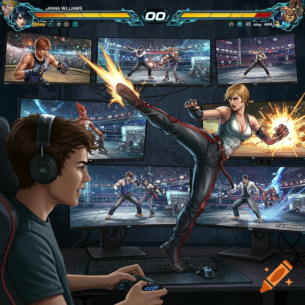 A person playing a fighting video game on multiple monitors, with in-game characters displayed.