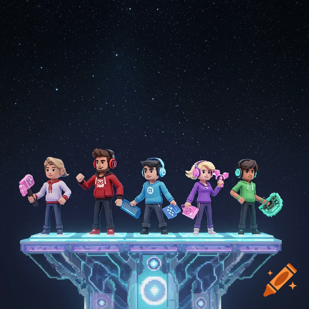 Five pixel art characters on a glowing platform in space holding gaming gear.