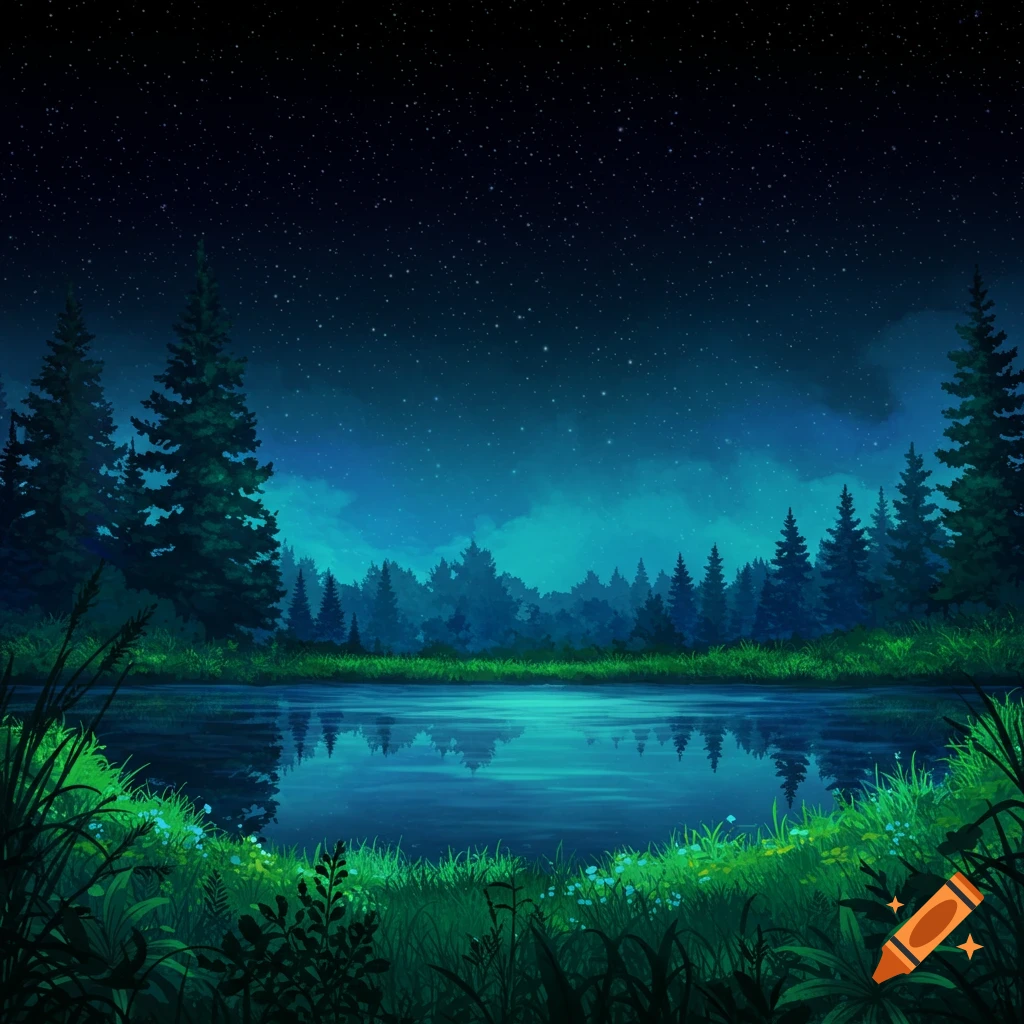 A starry night sky over a forest lake with pine trees.
