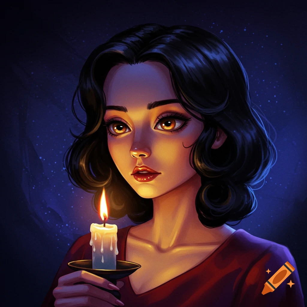 Portrait of a woman holding a lit candle, illuminated by the flame.