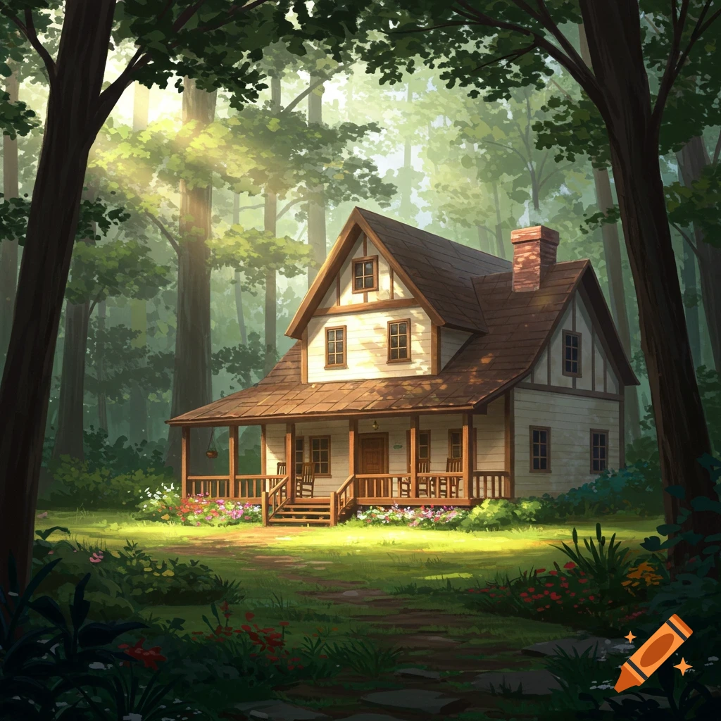 A cozy house with a porch in a sunlit forest.