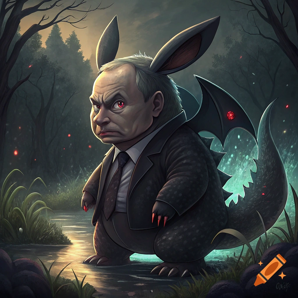 Cartoon creature resembling Putin with ears, wings, tail, suit in swampy forest.