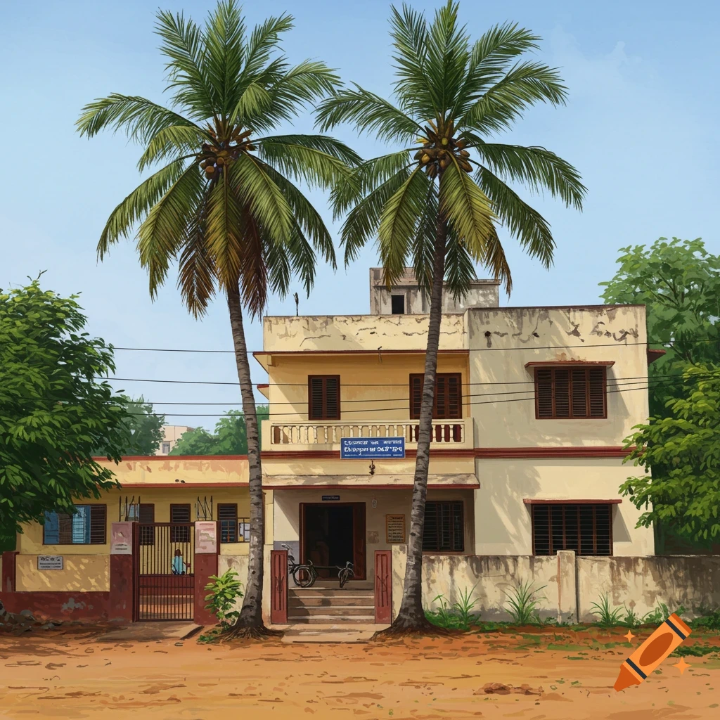 A yellow building with a sign above the entrance and two tall palm trees in front.