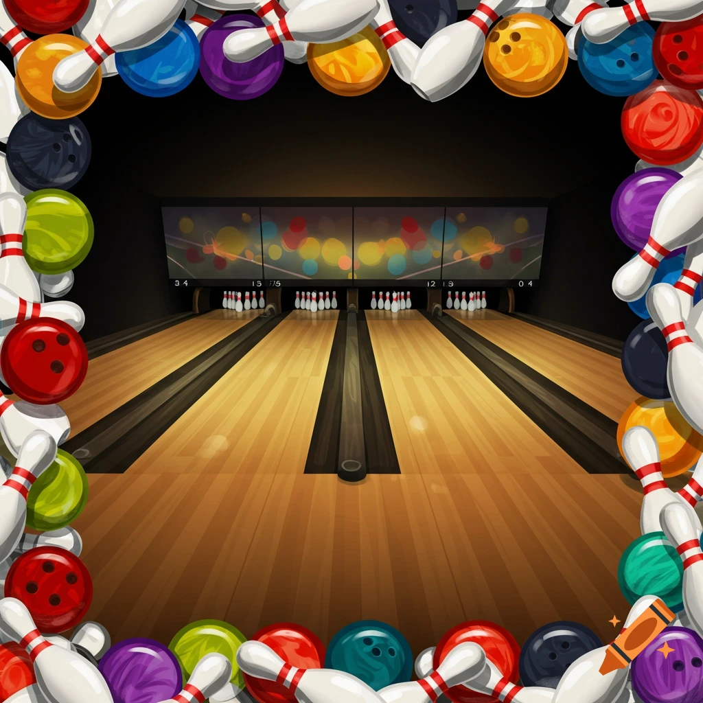 A bowling alley with pins and balls forming a decorative border around the scene.