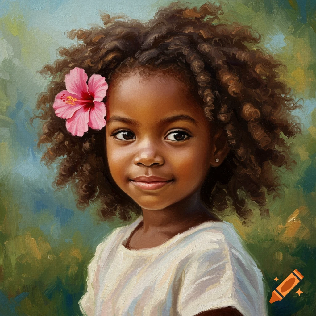 Oil painting of a young girl with curly hair and a pink flower.