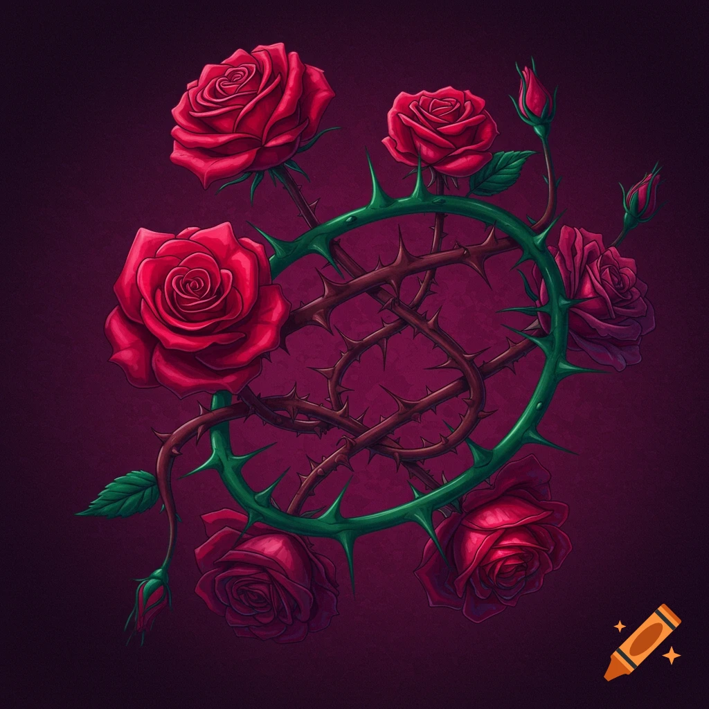 Red roses tangled with thorny vines
