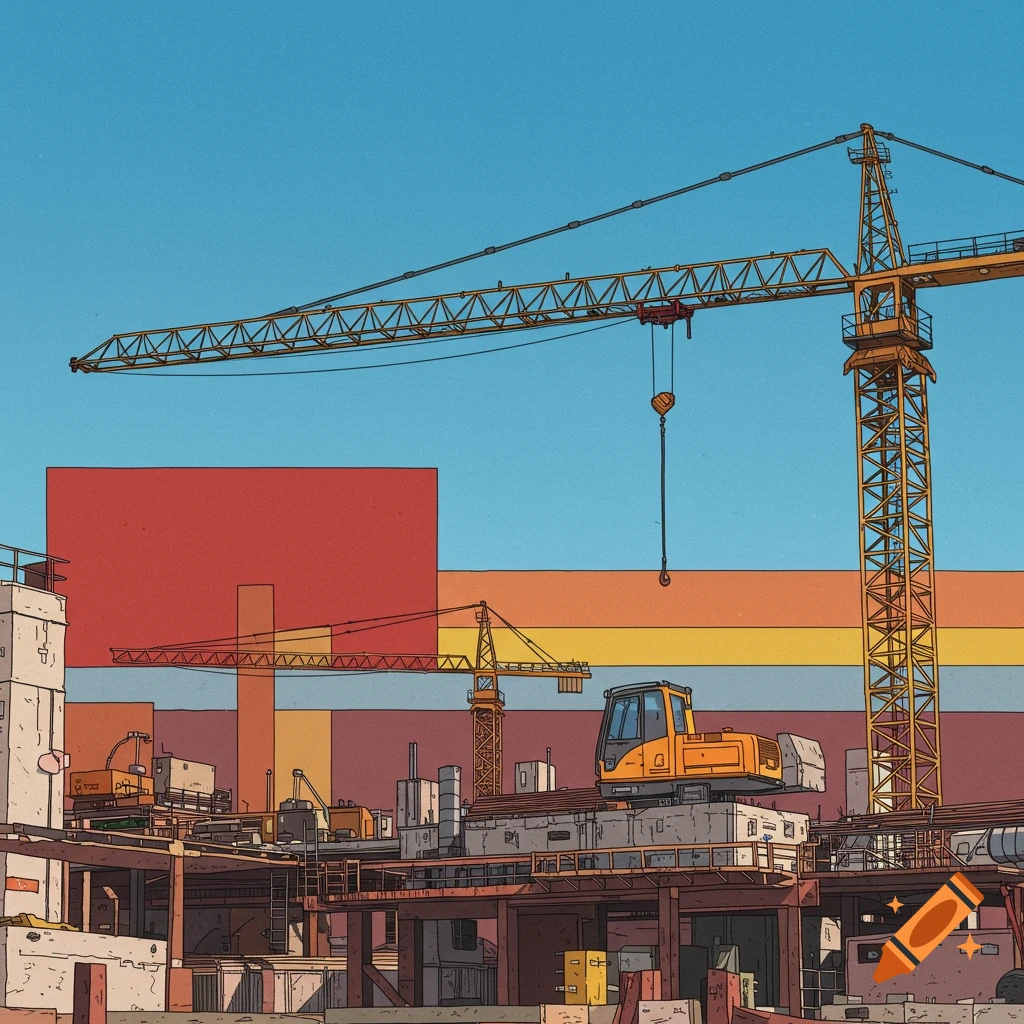 A graphic illustration of a construction site with yellow cranes, buildings, and construction equipment under a sky with colored stripes.