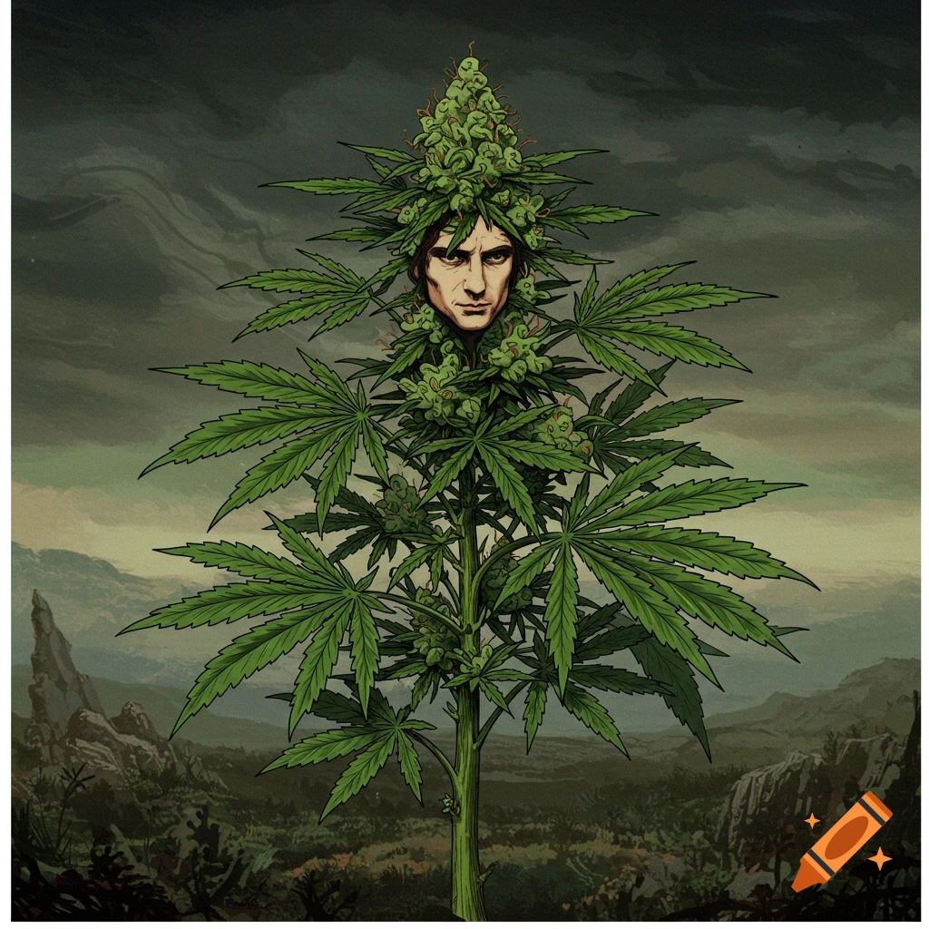 A human face emerges from a large marijuana plant in a landscape.