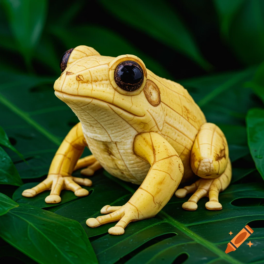A photorealistic frog sculpted from bananas sits on a large green leaf.