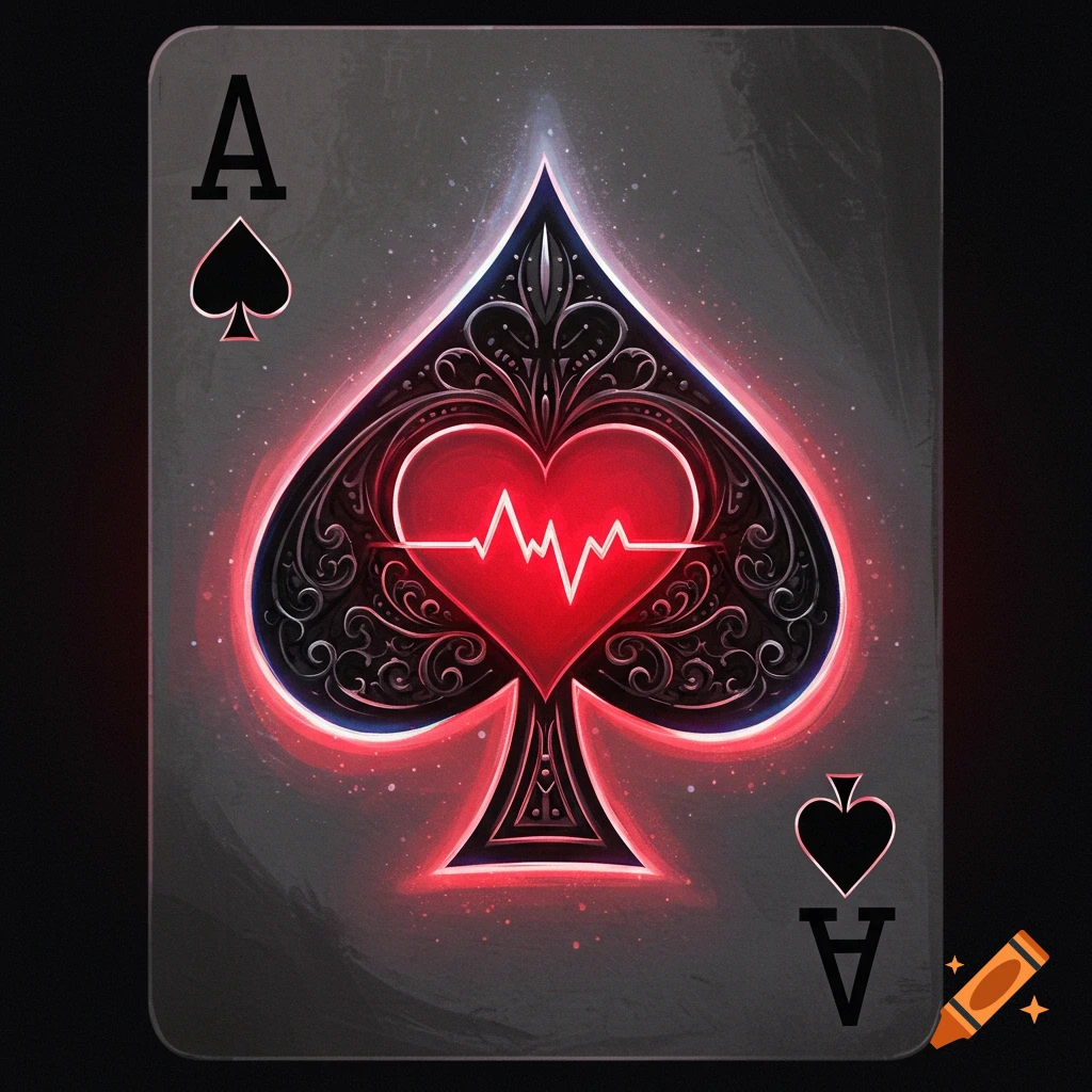 Ace of spades playing card with a glowing red heart and heartbeat line.