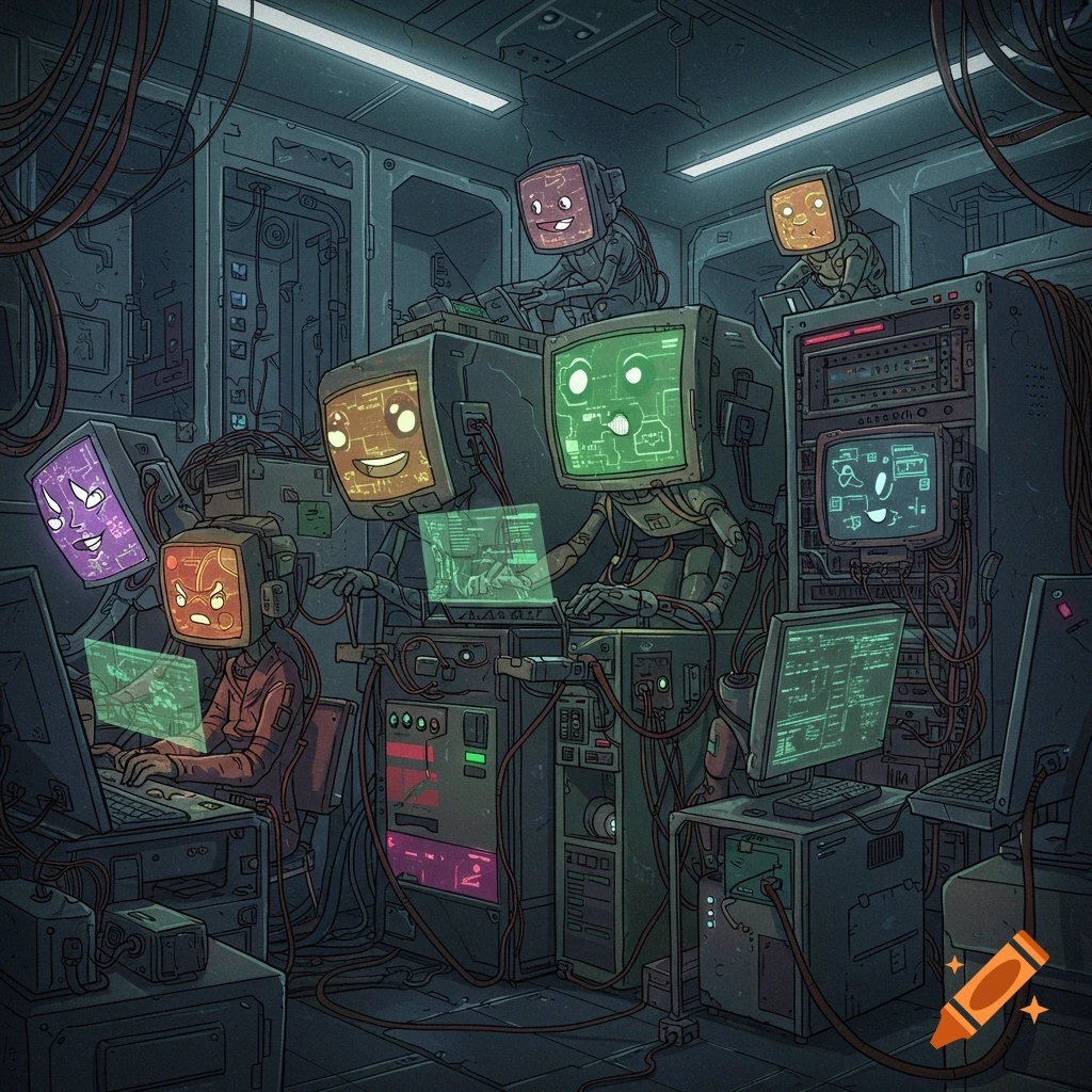 Robot figures with monitor heads working in a computer server room