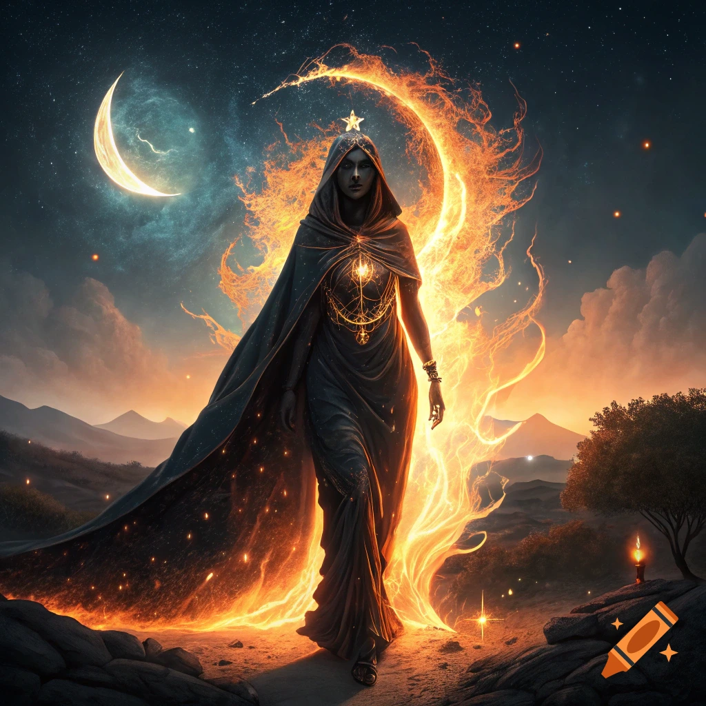 A veiled figure in a long robe stands between fire and a crescent moon in a fantasy mountain landscape at night.