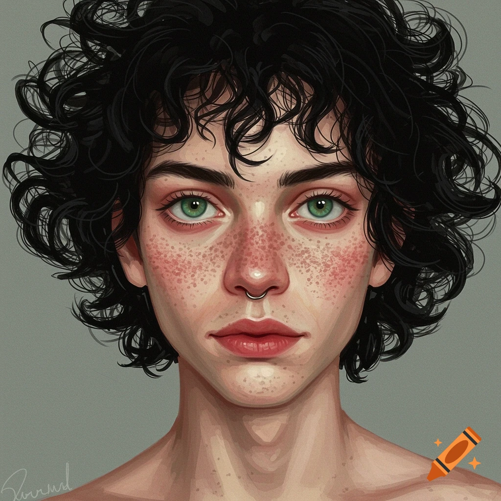 Portrait of a person with curly black hair, green eyes, freckles, and a nose ring.