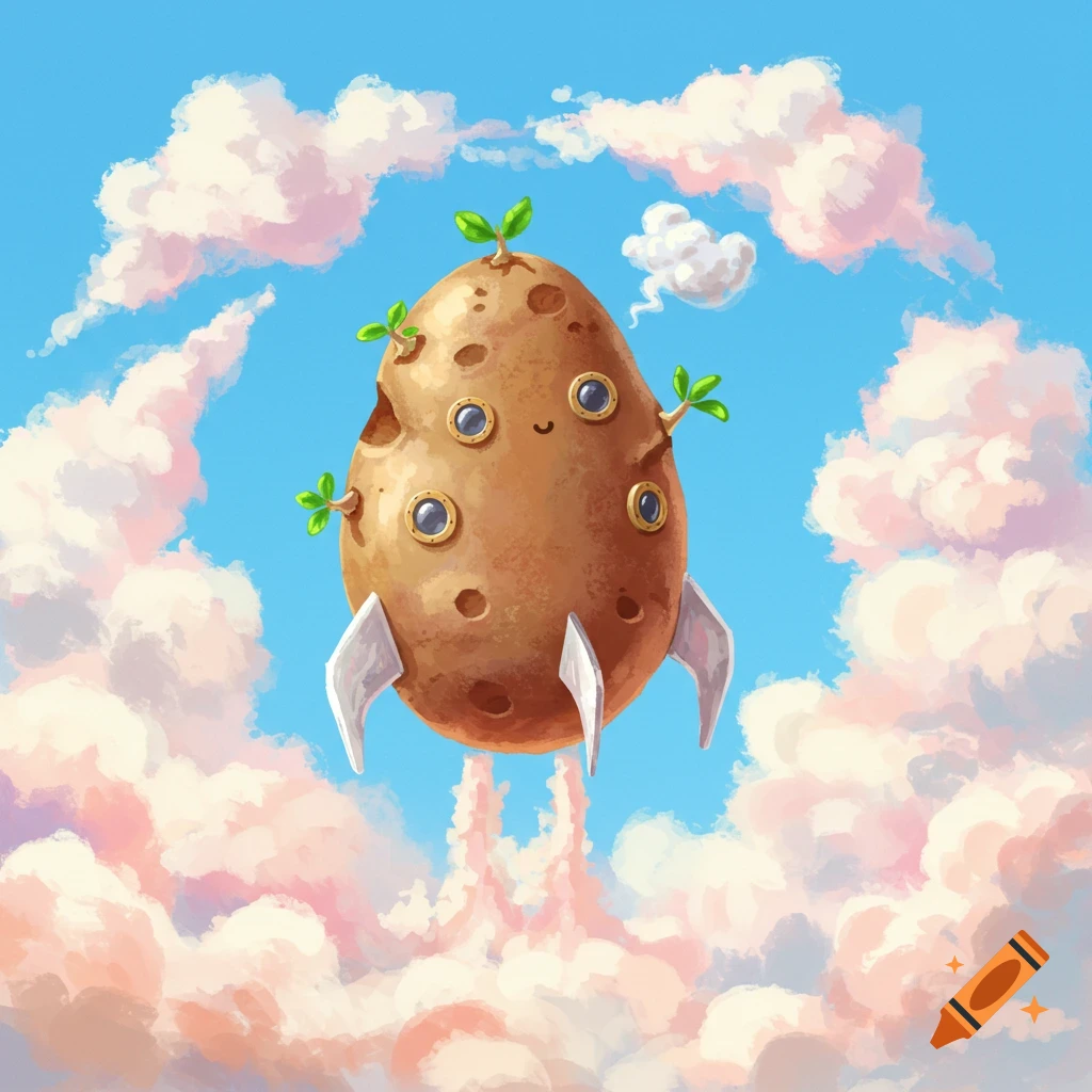 A cartoon potato rocket ship blasts off into a blue sky with pink clouds