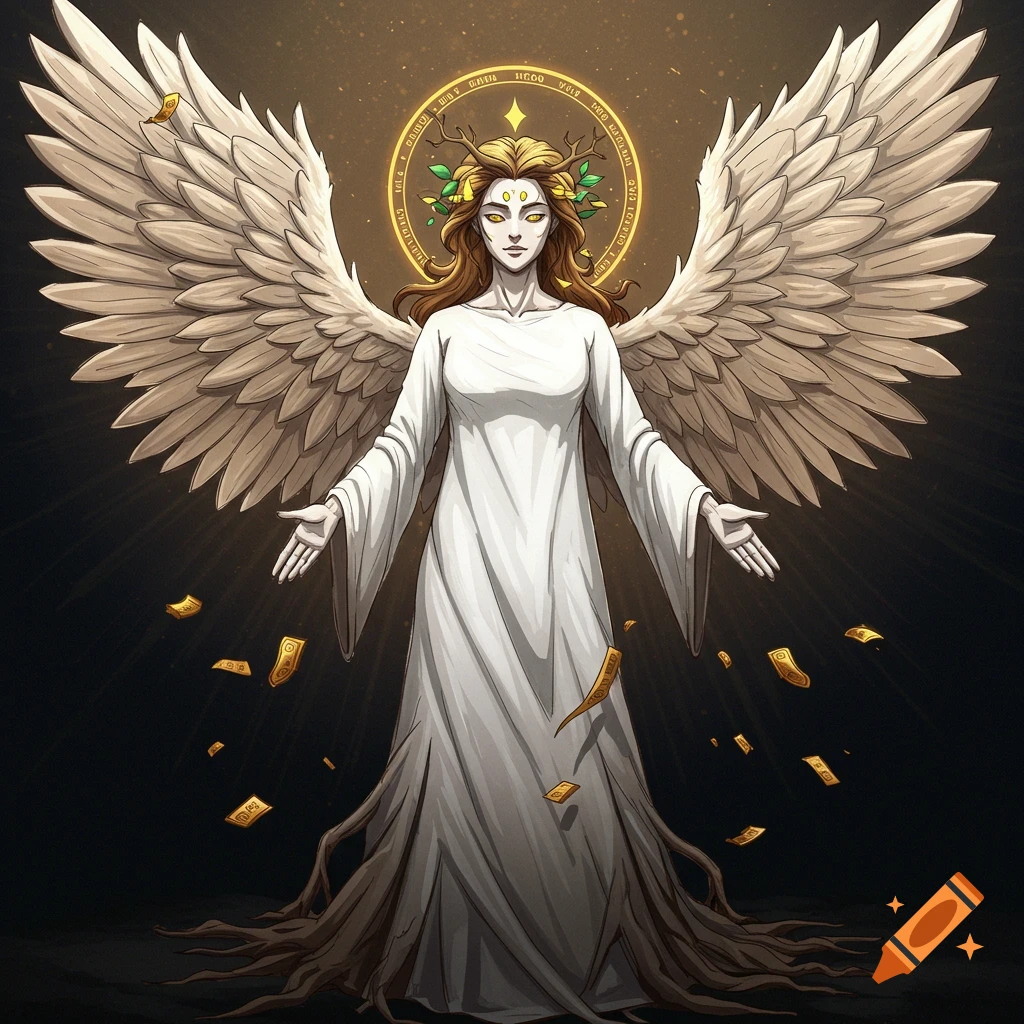 Anime-style angel with large wings, a halo, and roots for legs stands with outstretched hands as gold falls around her.