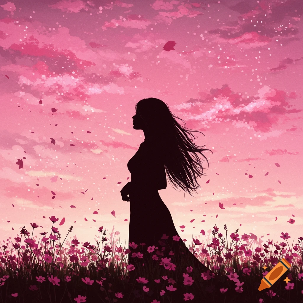 Silhouette of a woman standing in a field of pink flowers under a pink sky with falling petals.